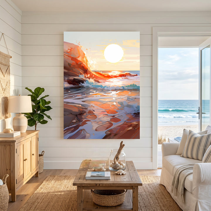 Wadi Home coastal sunset artwork with vibrant orange, yellow, and blue hues over rocky shoreline and crashing waves.