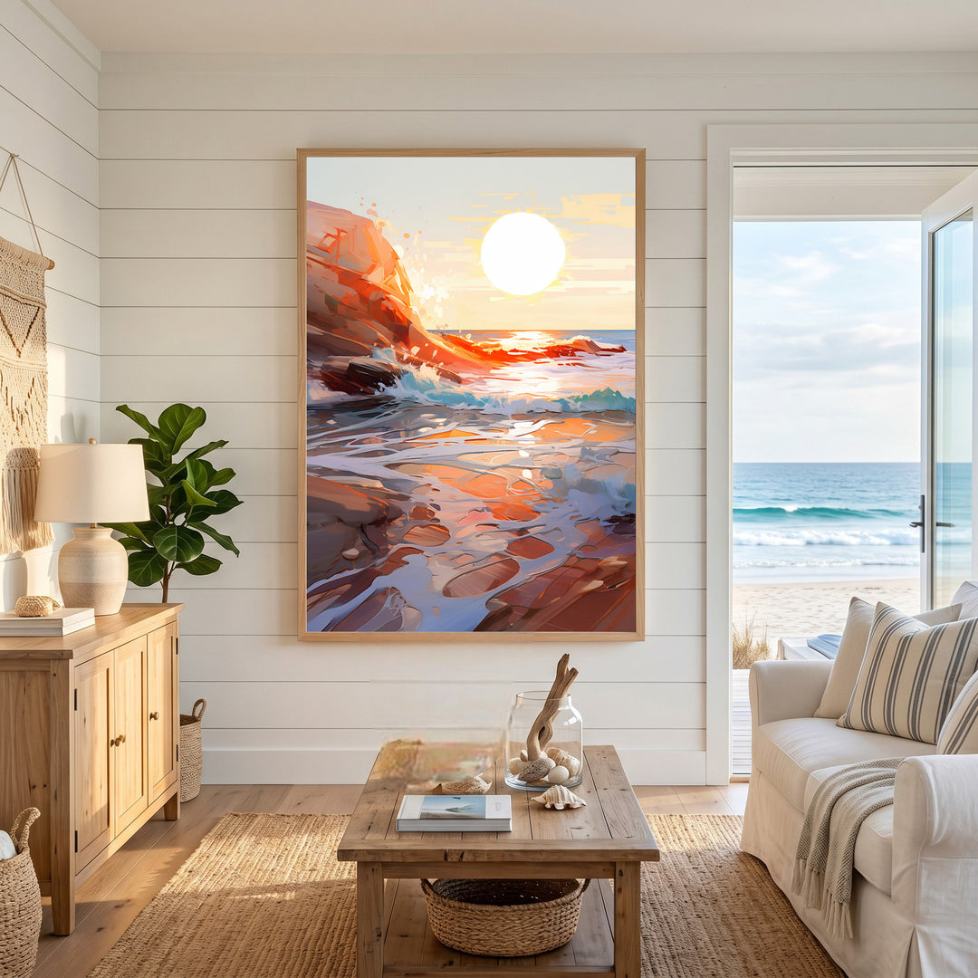 Wadi Home coastal sunset artwork with vibrant orange, yellow, and blue hues over a rocky shoreline and crashing waves.