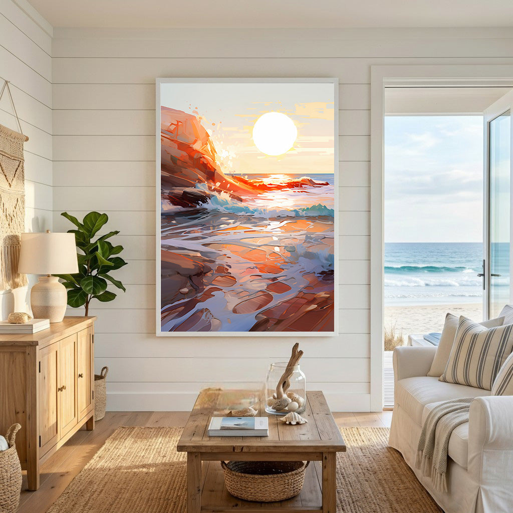 Wadi Home coastal sunset artwork with orange, yellow, and blue hues over a rocky shoreline and crashing waves.