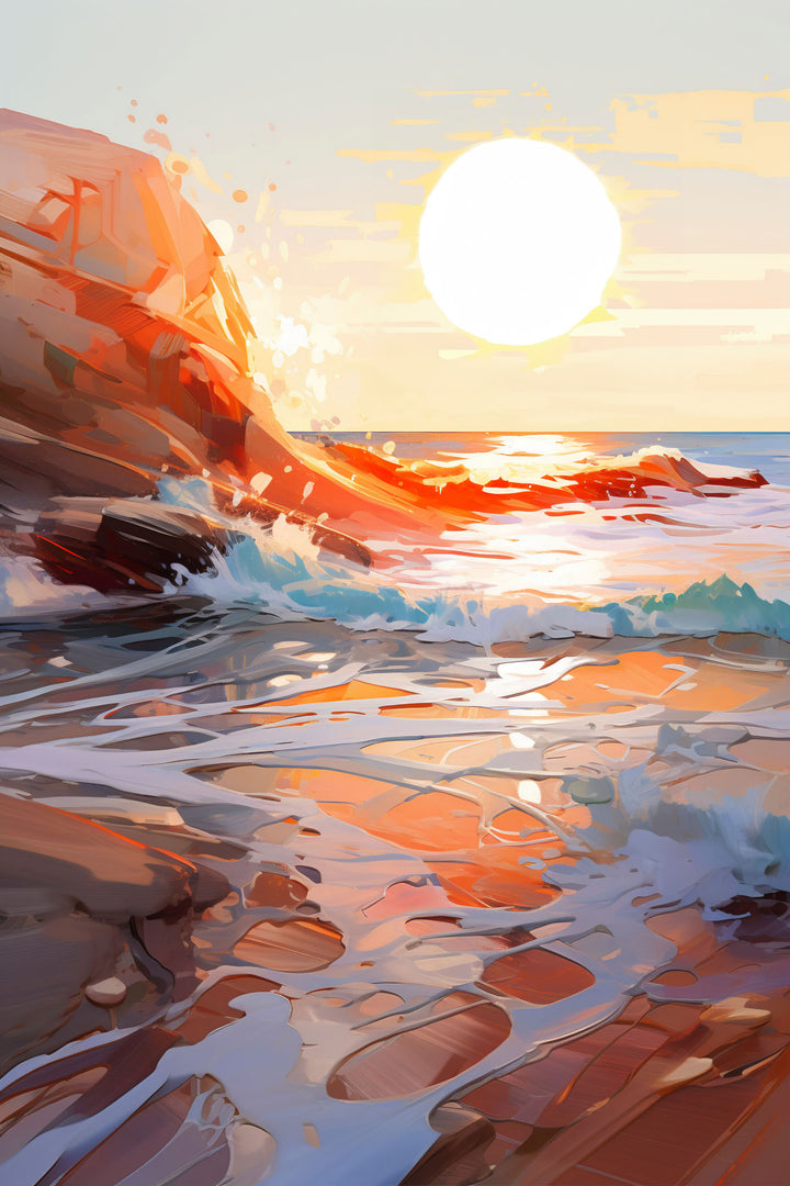 Wadi Home coastal sunset artwork with vibrant orange, yellow, and blue hues over rocky shoreline and crashing waves.