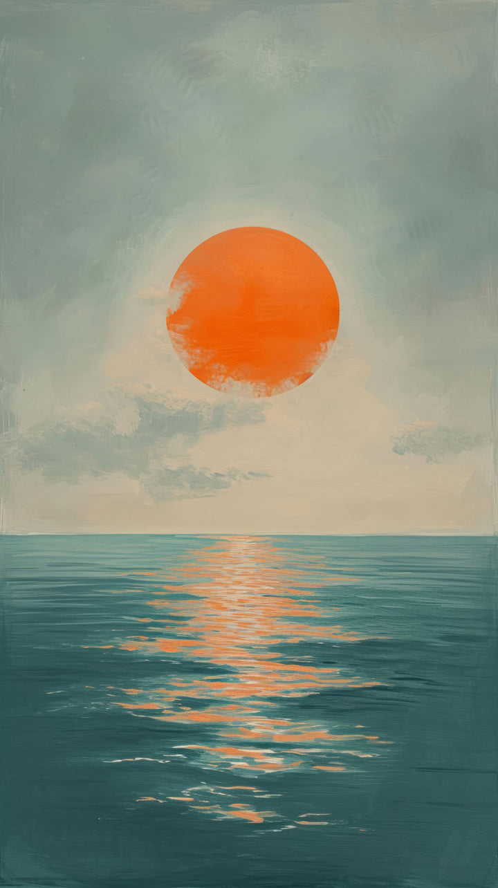Wadi Home Serene Sunset Over Ocean Wall Art, featuring a vibrant orange sun setting over calm blue waters with reflections.