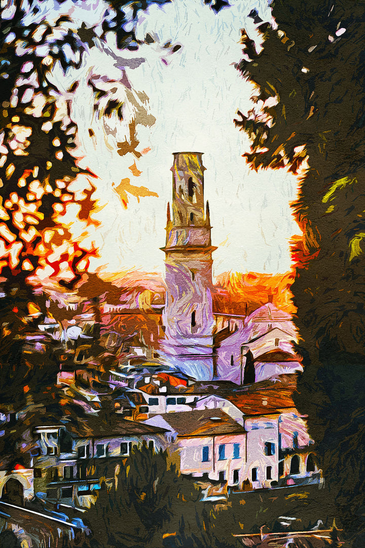 Wadi Home European cityscape wall art with tower at sunset, painterly style.