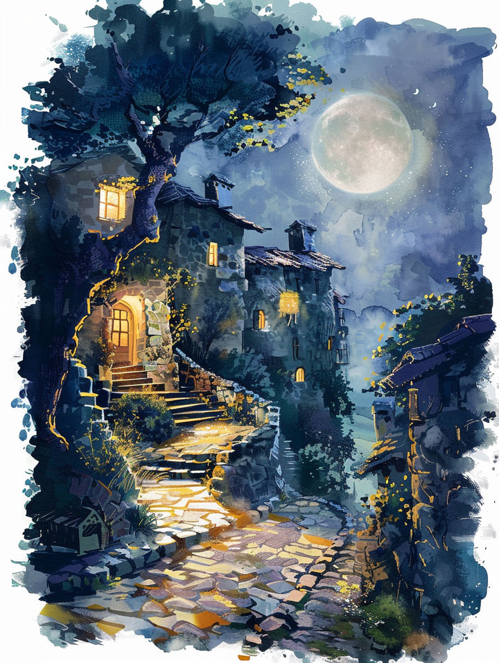 Wadi Home Enchanted Moonlit Village Pathway Wall Art depicts a cobblestone path winding through a village under a full moon. Warm lights glow from cottages.