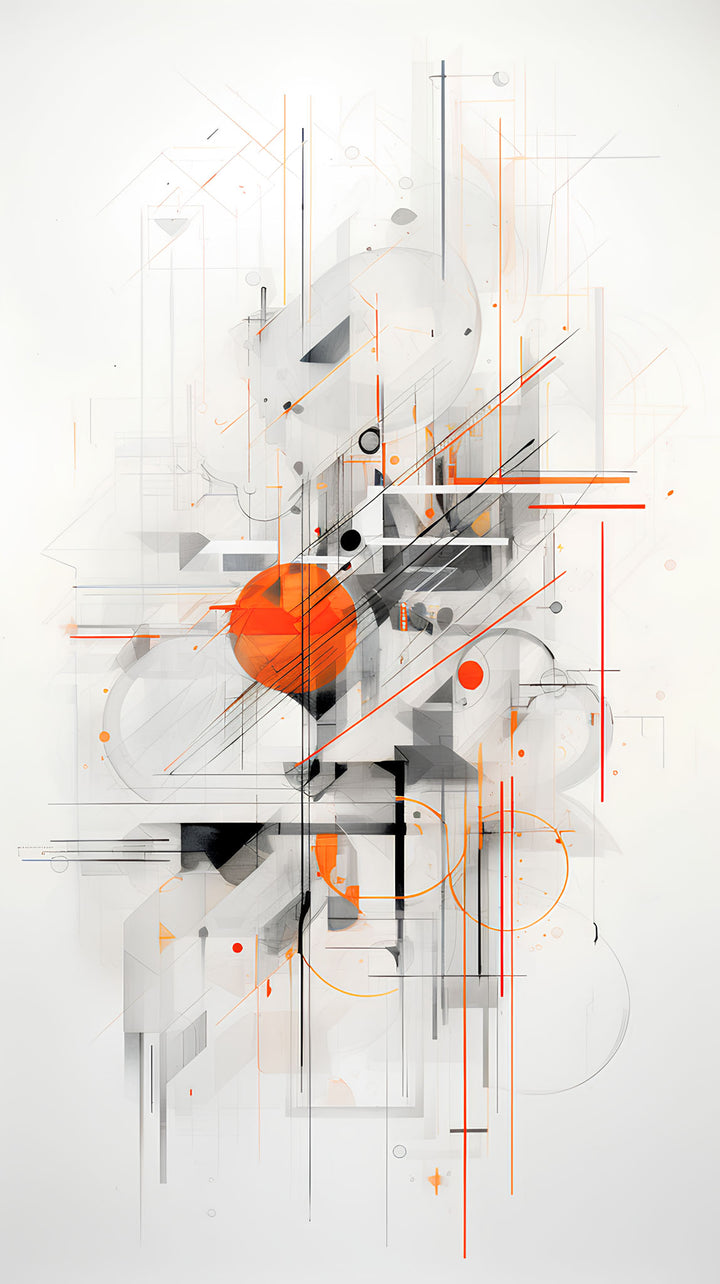 Wadi Home abstract geometric wall art with orange circle and black lines on white background.