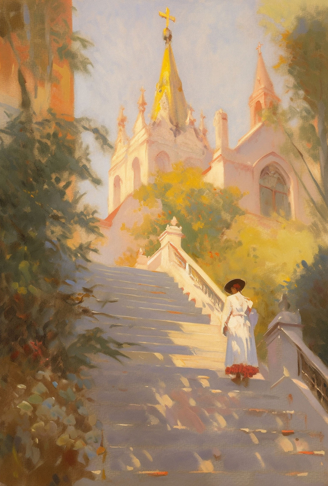 Wadi Home European staircase painting with a lone figure ascending sunlit steps towards a picturesque building in impressionistic style.