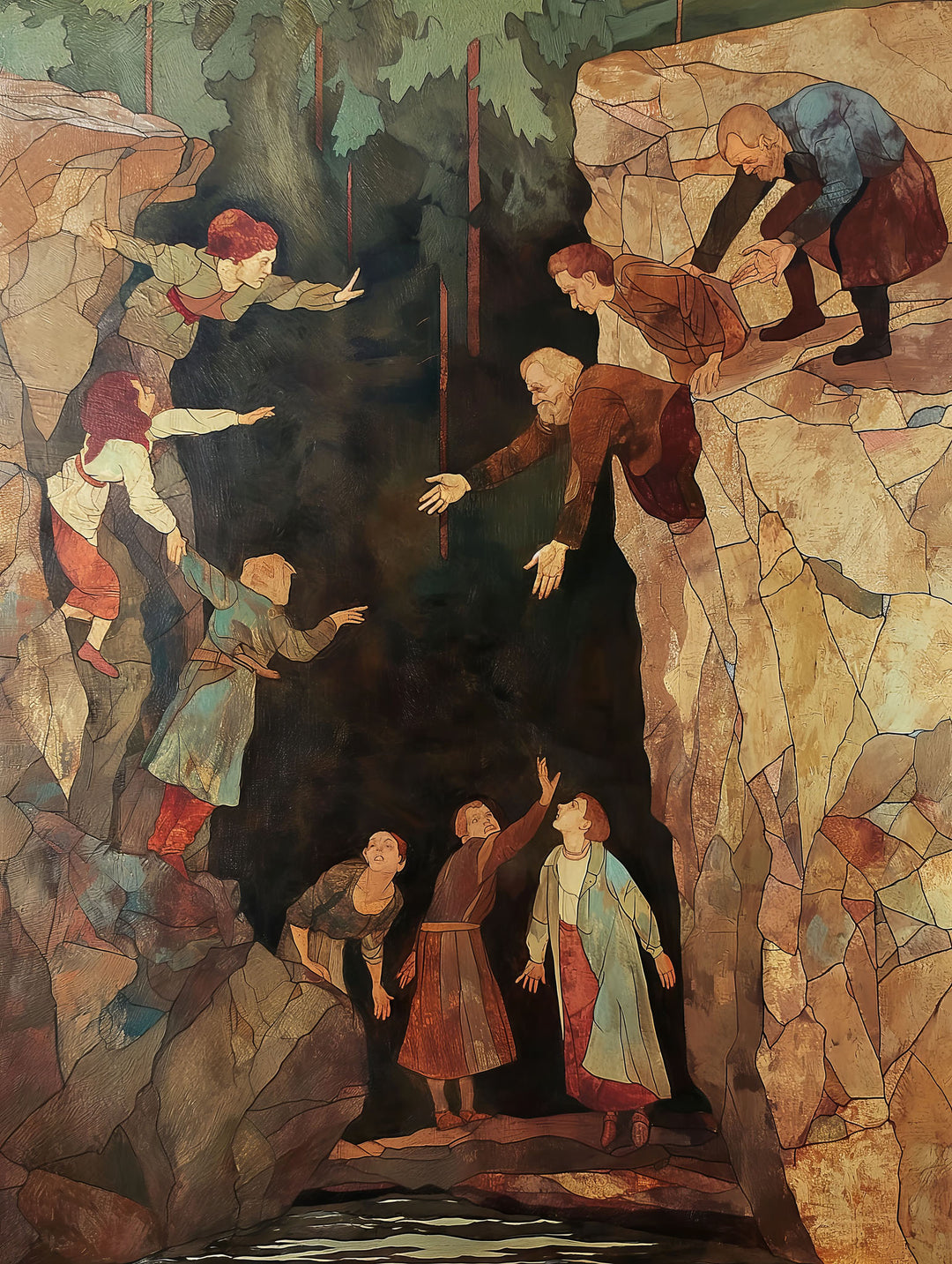 Wadi Home wall art depicting figures descending into a rocky cave with earthy tones and a sense of adventure.