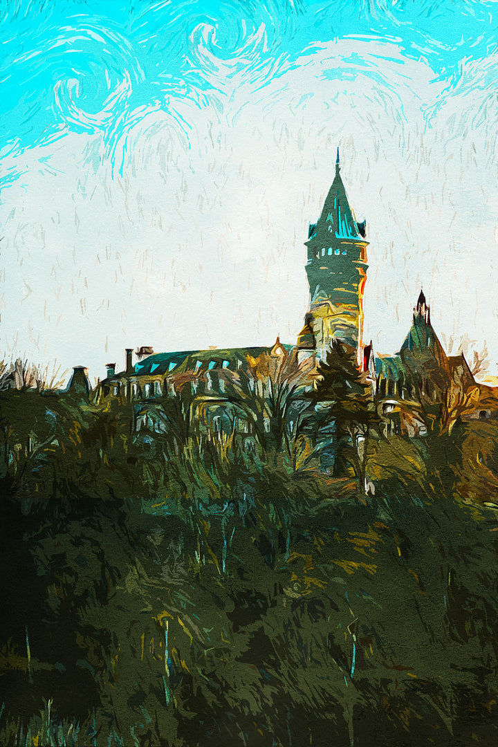 Wadi Home European castle landscape wall art with painterly style, blue sky, green hill, and a tower.
