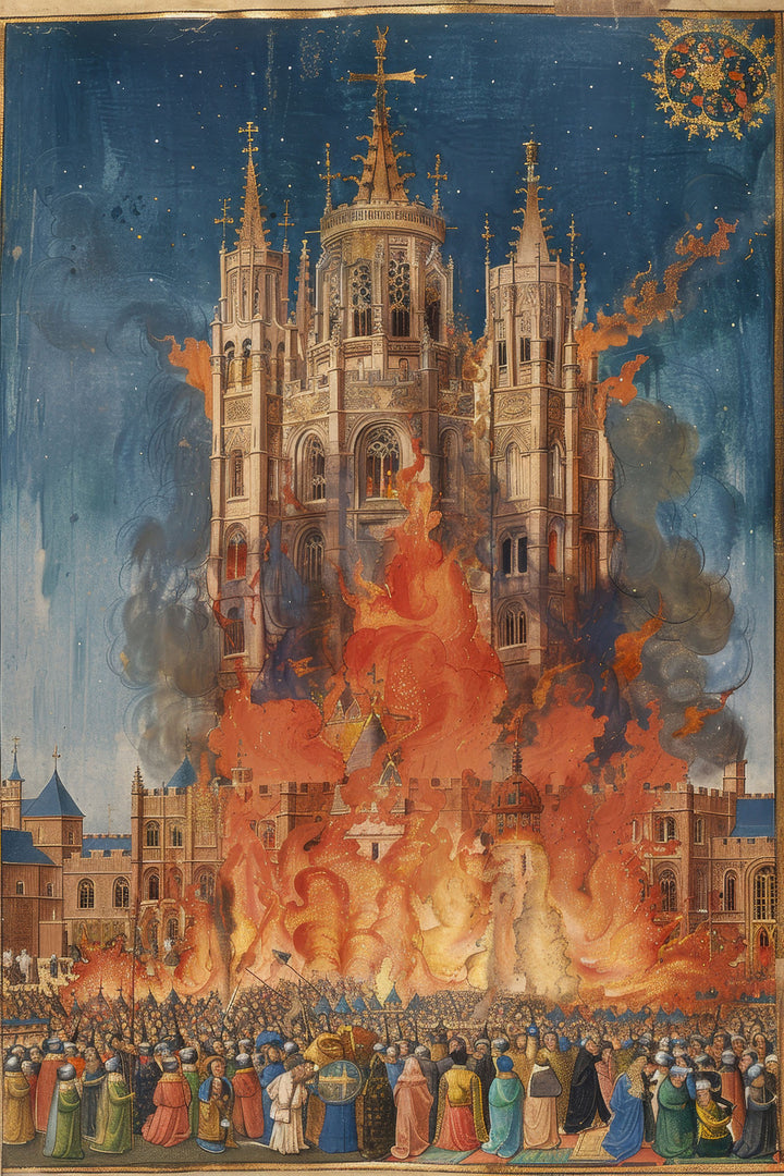 Wadi Home Grand Cathedral Fire Scene Wall Art, a dramatic historical painting of a cathedral engulfed in flames with a crowd watching.