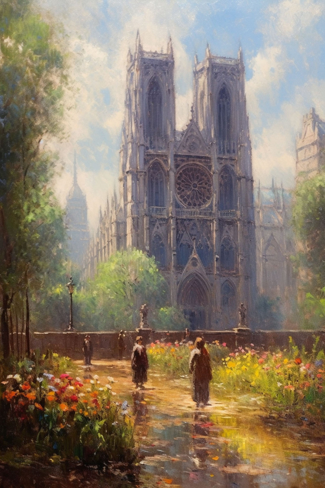 Wadi Home Parisian Cathedral Garden Landscape Painting with vibrant flowers and two figures walking.