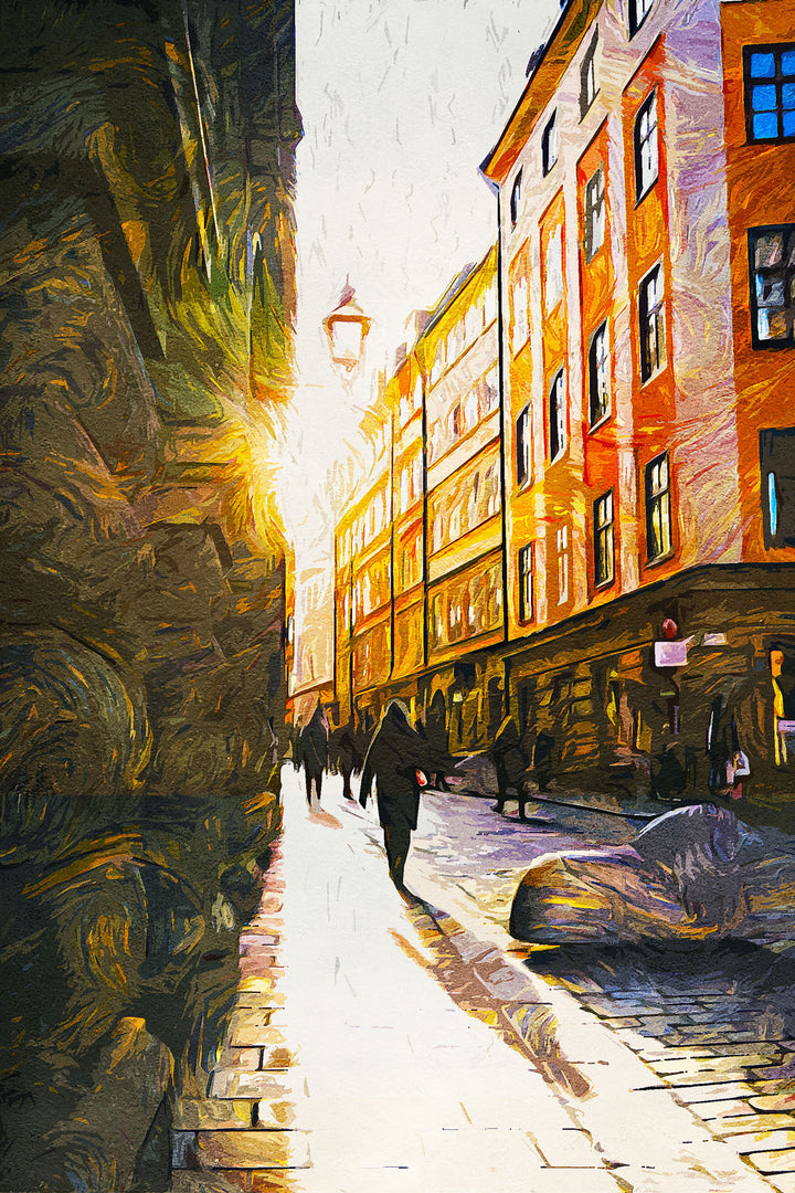 Wadi Home European city street scene wall art with golden sunlight on buildings and cobblestone street.