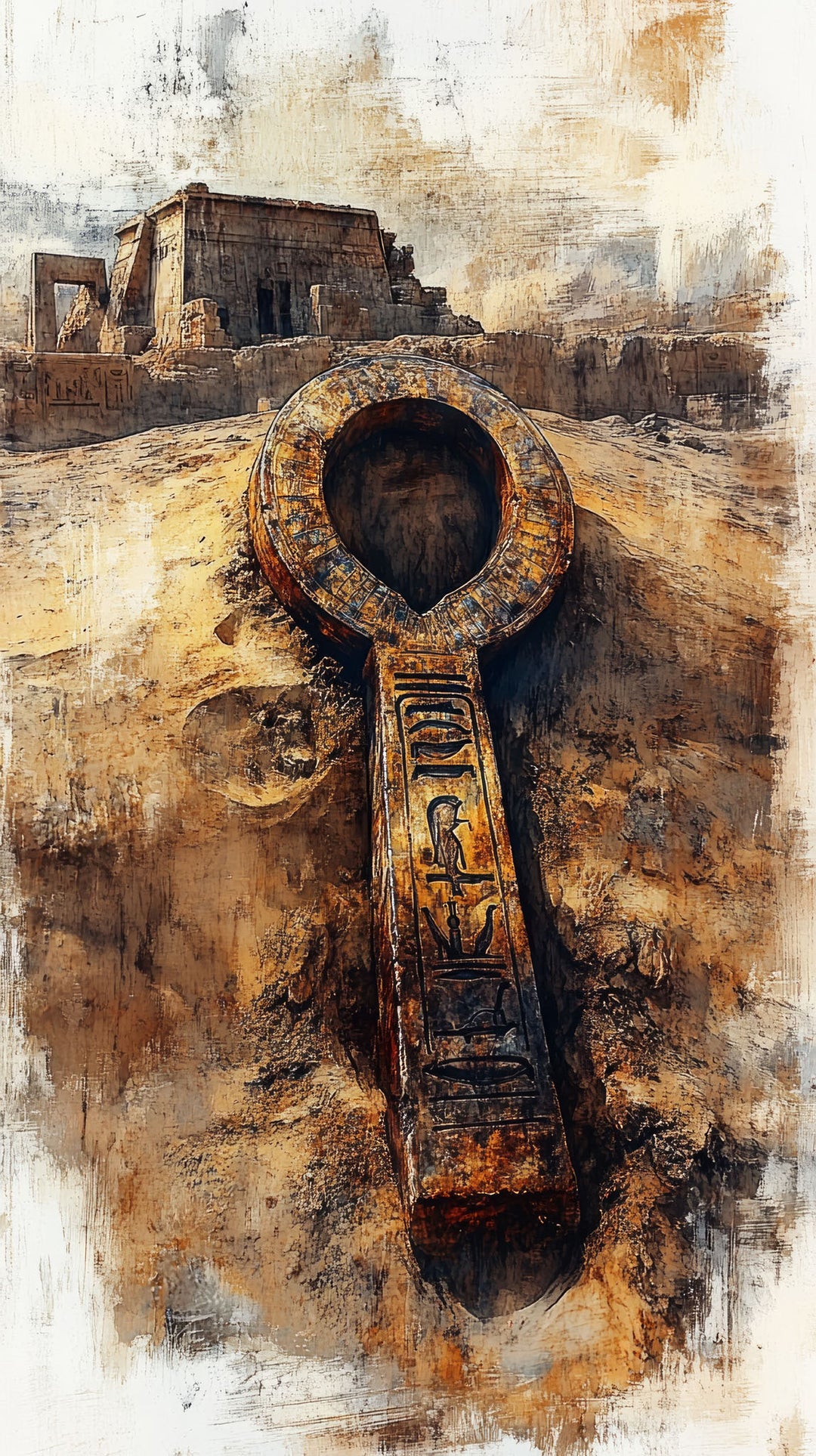 Wadi Home Ancient Egyptian Ankh artifact with hieroglyphs, weathered bronze finish, set against desert ruins.