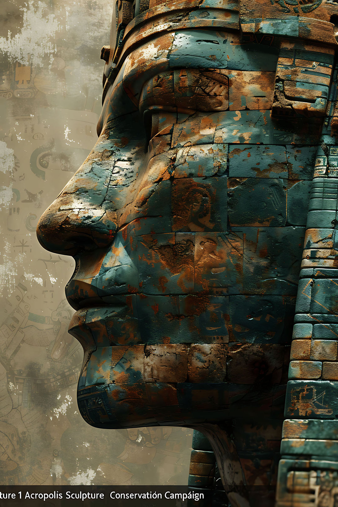 Wadi Home Ancient Egyptian pharaoh head sculpture wall art with teal and rust patina. Textured, weathered finish.