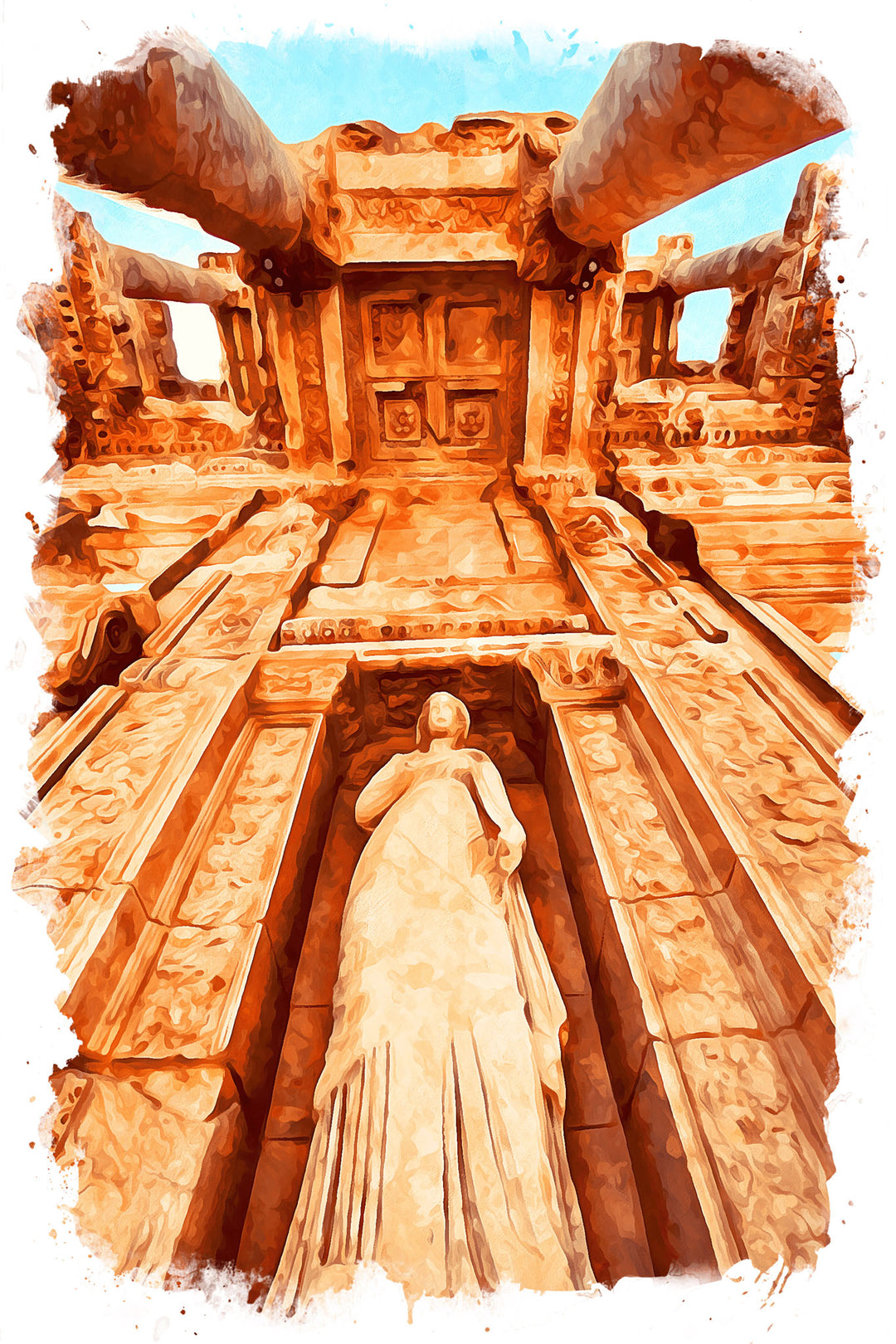 Wadi Home watercolor art of ancient temple entrance with statue, warm orange tones, dramatic perspective.
