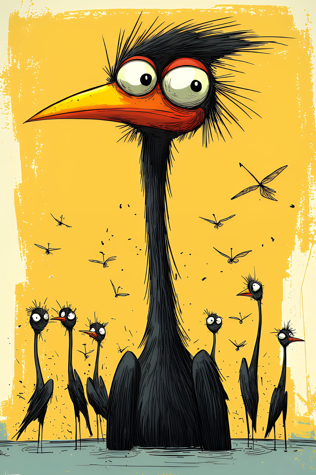 Wadi Home Whimsical Bird Family wall art with a large-eyed black bird and smaller birds on a yellow background.