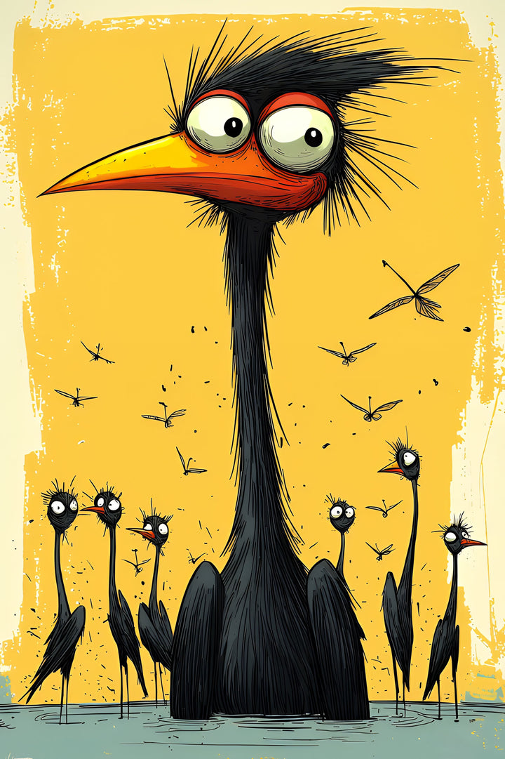 Wadi Home Whimsical Bird Family wall art with a large-eyed black bird and smaller birds on a yellow background.