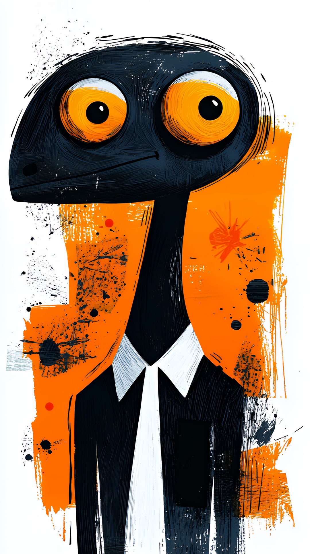 Wadi Home abstract wall art of a black creature with large orange eyes in a black suit and white shirt against an orange and black background.