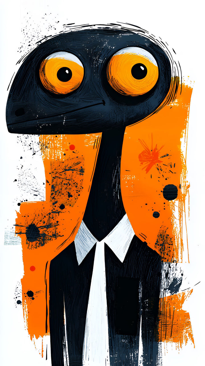 Wadi Home abstract wall art of a black creature with large orange eyes in a black suit and white shirt against an orange and black background.