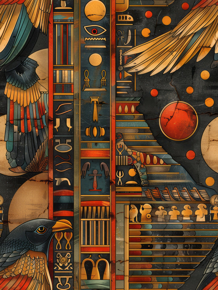 Wadi Home Ancient Egyptian Hieroglyphic Wall Art with deep blues, oranges, and gold. Features detailed symbols and imagery.