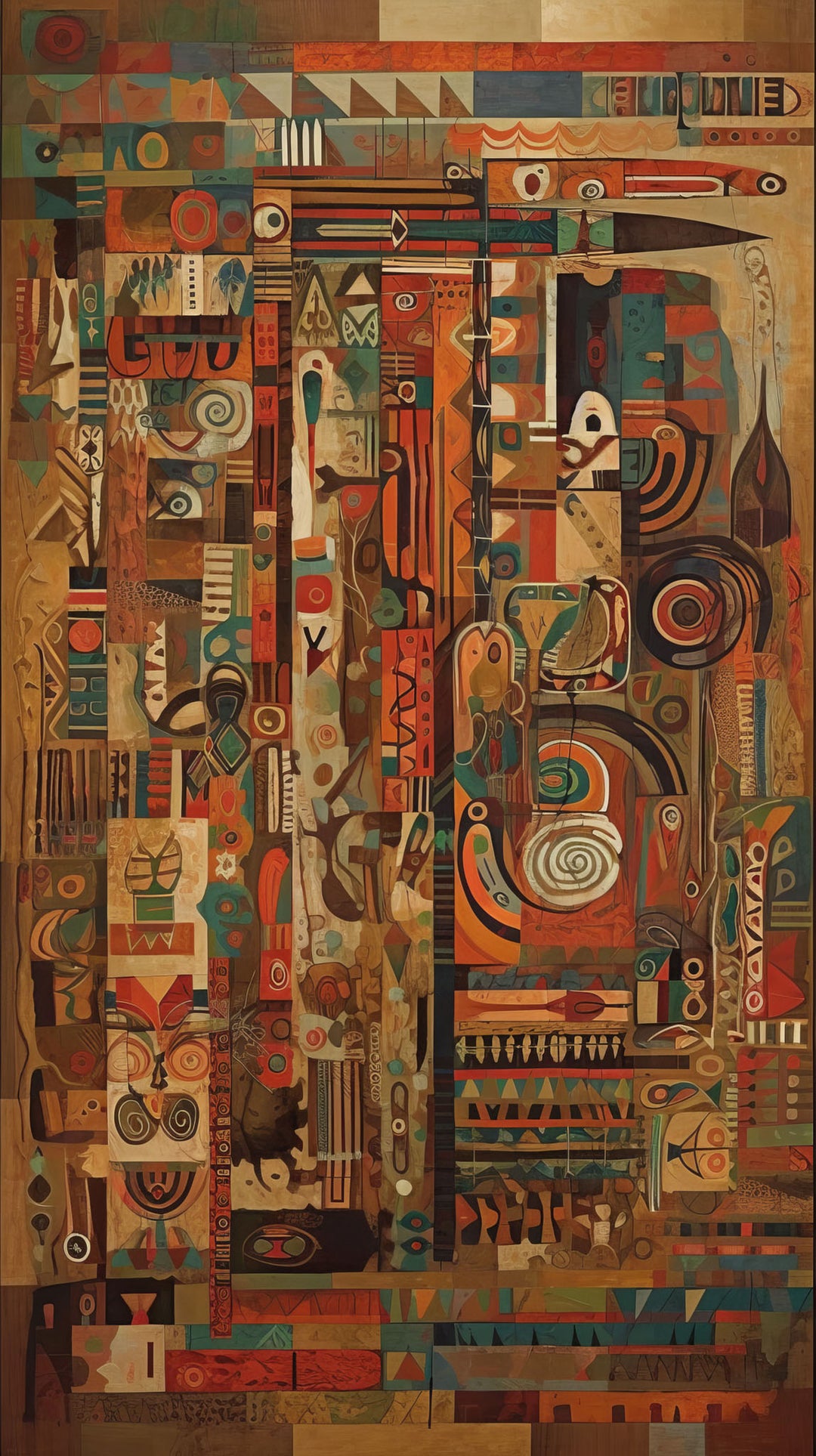 Wadi Home abstract geometric wall art with warm earth tones, deep blues, and vibrant reds. Intricate patterns and bold shapes.