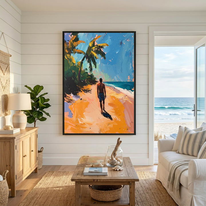 Wadi Home framed tropical beach scene wall art with a lone figure walking on a sandy shore with palm trees and blue sky.