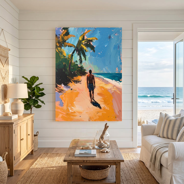Wadi Home tropical beach scene wall art, impressionistic style, man walking on sandy beach with palm trees and blue sky.