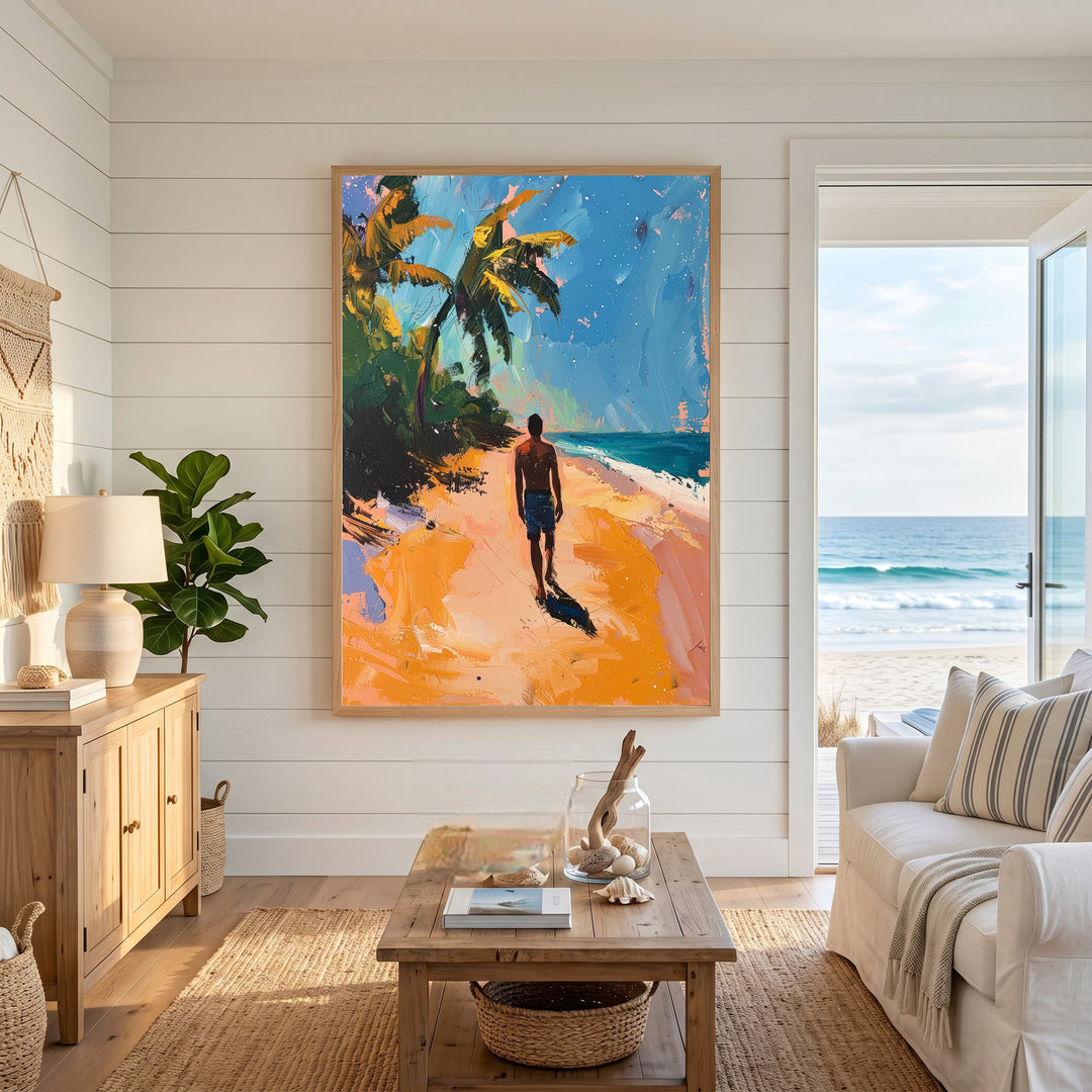 Wadi Home impressionistic wall art of a man walking on a tropical beach with palm trees and blue sky.