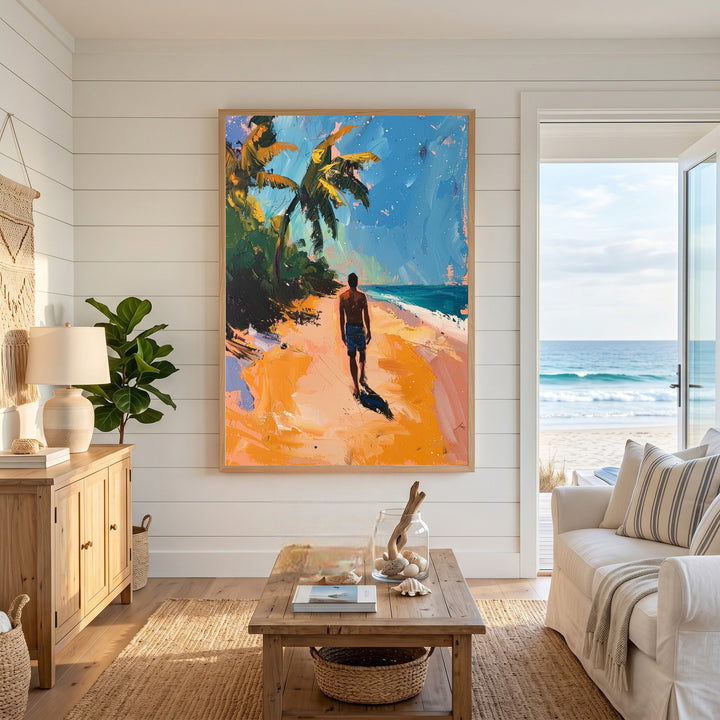 Wadi Home impressionistic wall art of a man walking on a tropical beach with palm trees and blue sky.