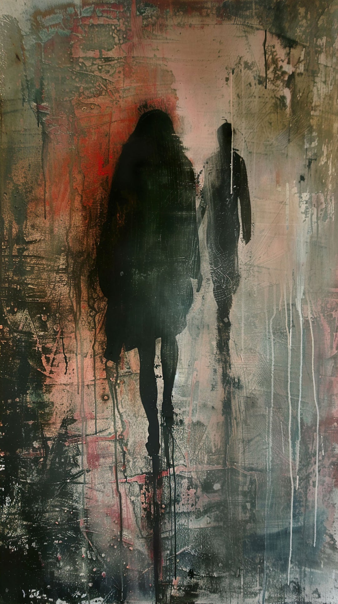 Wadi Home abstract wall art of two silhouetted figures walking in the rain, moody greens, grays, and orange.