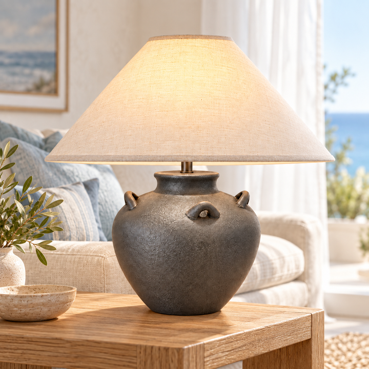 Rustic Charcoal Ceramic Table Lamp with Black Shade