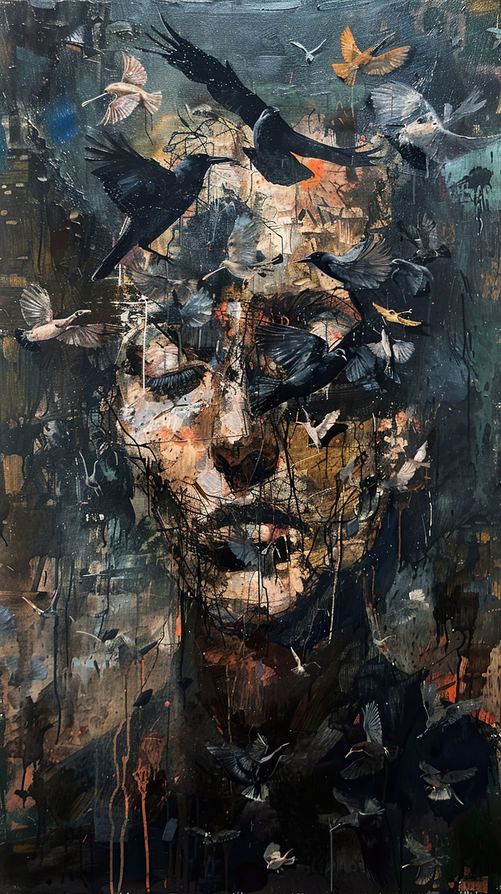 Wadi Home abstract portrait wall art with a dark, textured palette and a human face surrounded by birds.