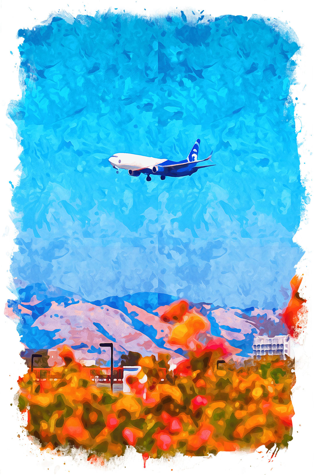 Wadi Home abstract airplane over colorful landscape watercolor-style canvas print. Vibrant blues, oranges, and reds.