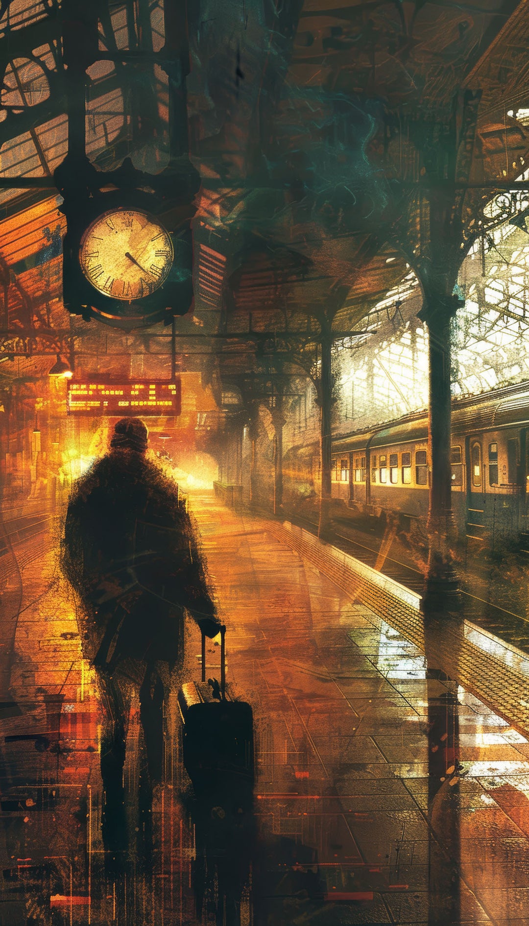 Wadi Home vintage train station wall art with a silhouetted figure and luggage, featuring a clock and warm, atmospheric lighting.