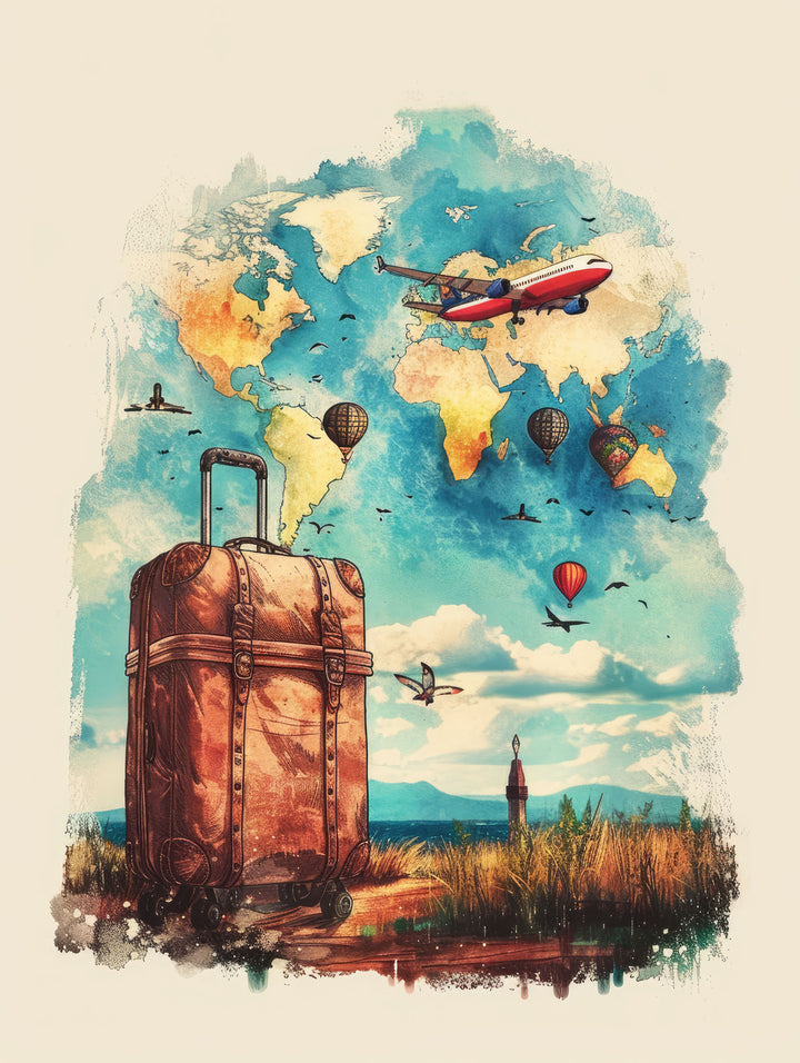 Wadi Home vintage suitcase wall art with world map, hot air balloons, and airplane. Evokes travel and adventure.