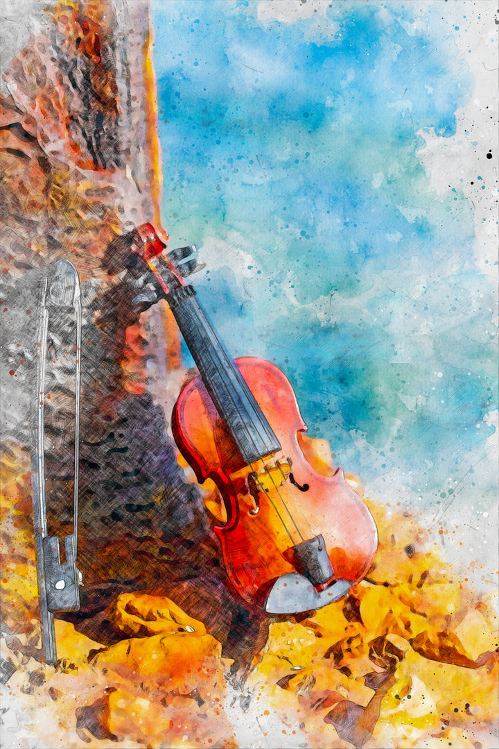 Wadi Home watercolor wall art of a violin with autumn leaves against a blue sky.