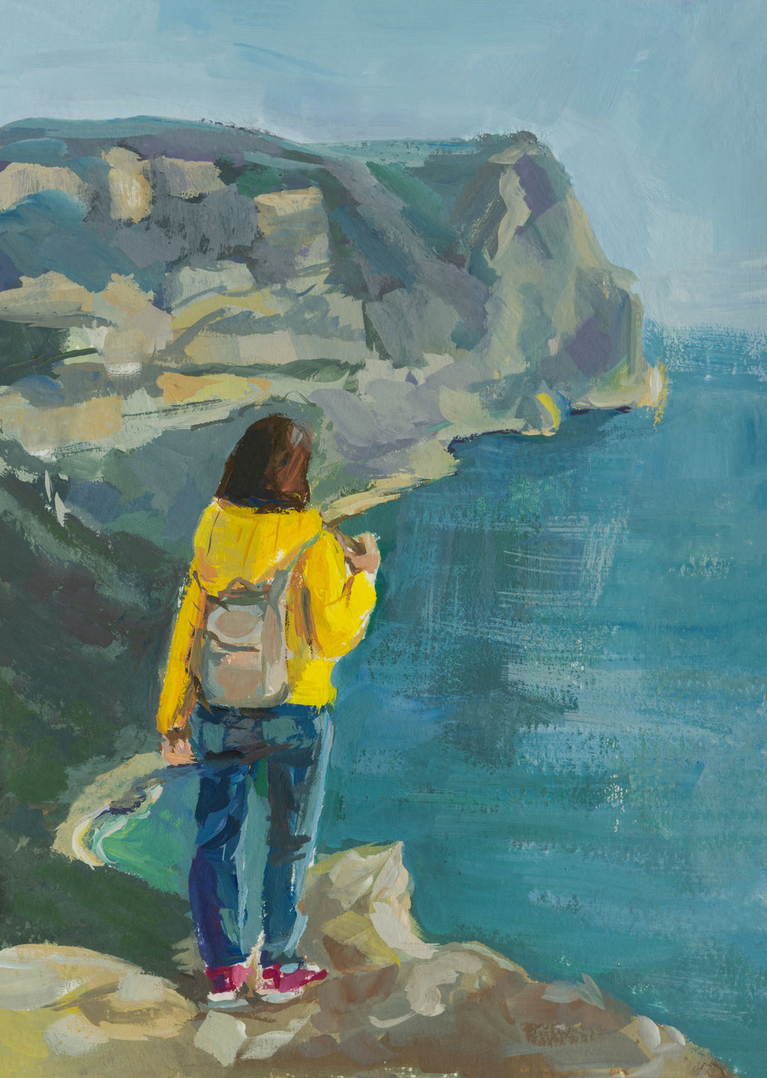 Wadi Home Coastal Cliffside Vista painting with a woman in yellow jacket overlooking the ocean.