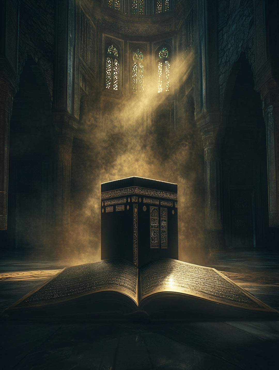 Wadi Home Islamic Kaaba and Quran wall art, a spiritual depiction of the Kaaba atop an open Quran with golden light.