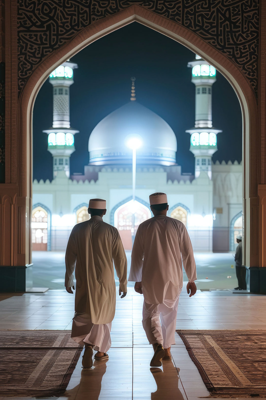 Wadi Home artwork: Two men in traditional attire walk towards a mosque at night through an ornate archway.