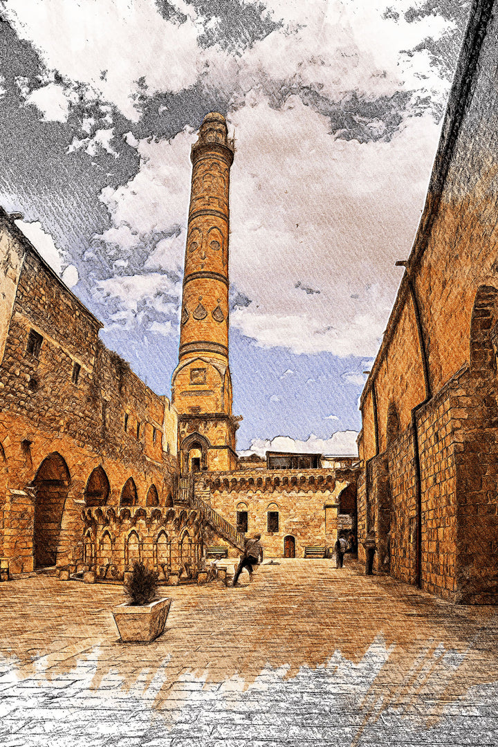Wadi Home Old City Tower sketch wall art, featuring a tall, ornate tower surrounded by stone buildings in warm, earthy tones.