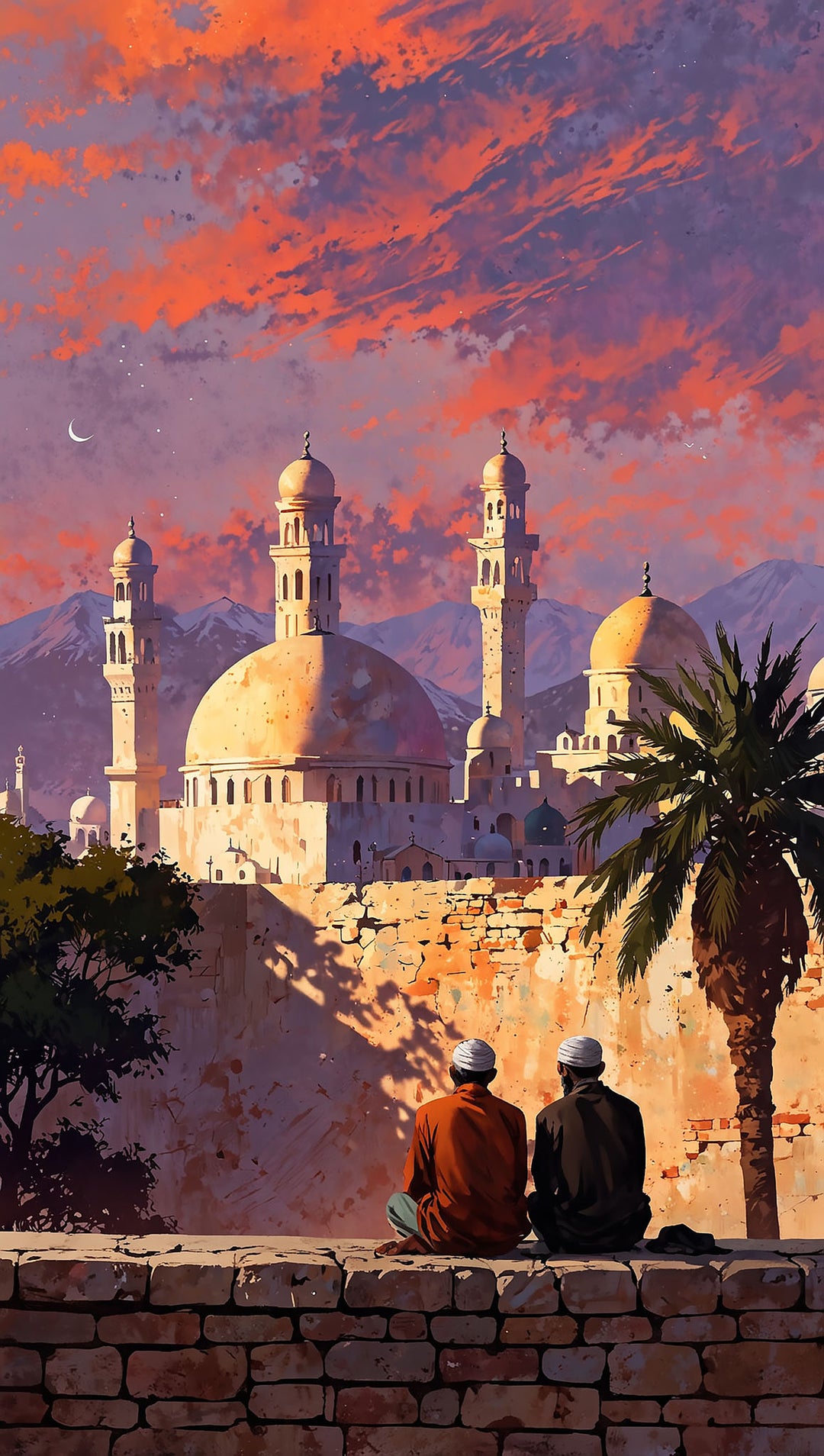 Wadi Home mosque sunset wall art with vibrant orange, purple, and pink sky, featuring Islamic architecture, mountains, and a palm tree.