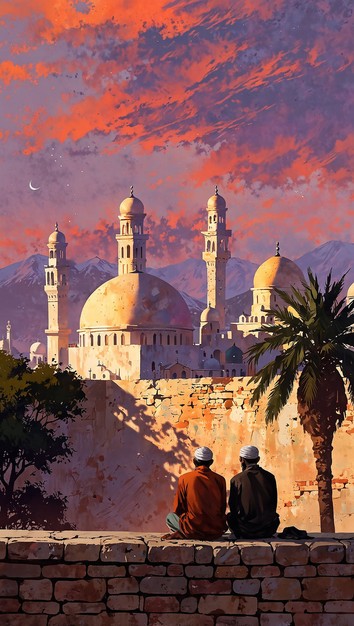 Wadi Home mosque sunset wall art with vibrant orange, purple, and pink sky, featuring Islamic architecture, mountains, and a palm tree.