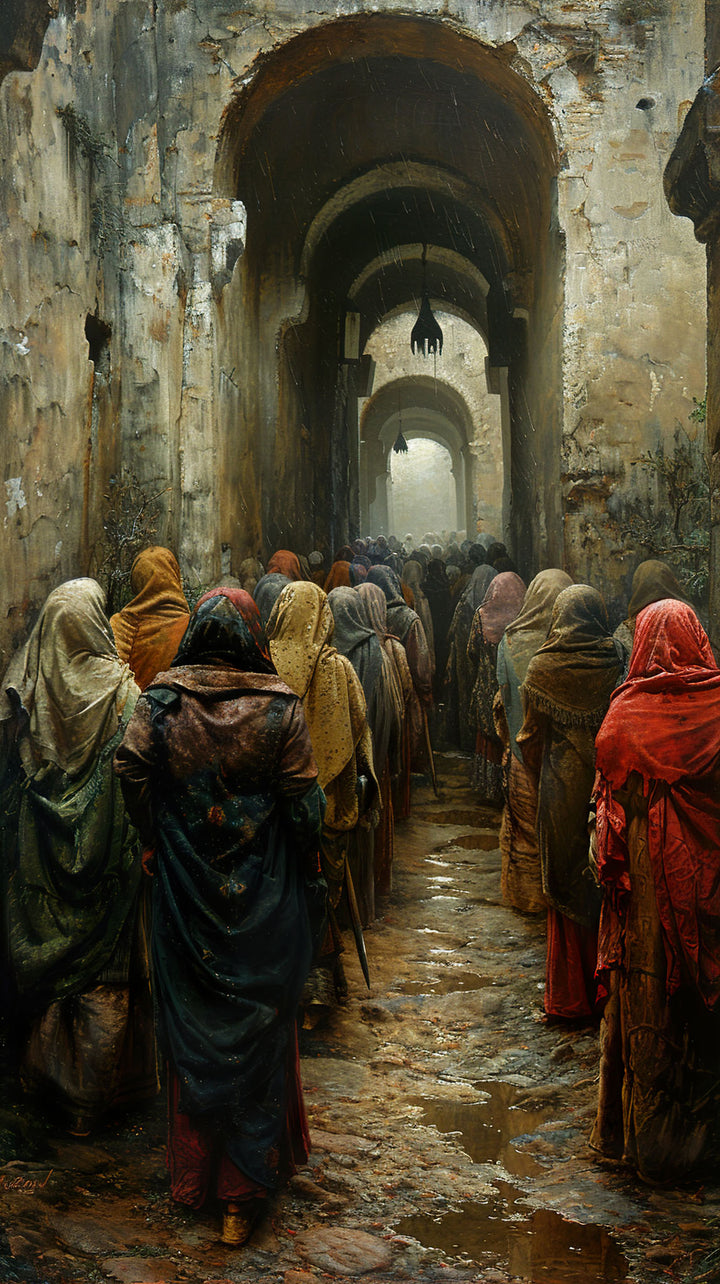 Wadi Home artwork: Ancient Procession Through Arched Hallway, figures in muted robes walk through a stone corridor.
