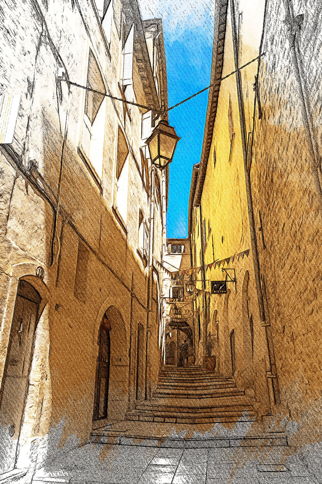 Wadi Home European city street staircase artwork with sketch-like style, featuring yellow buildings and blue sky.