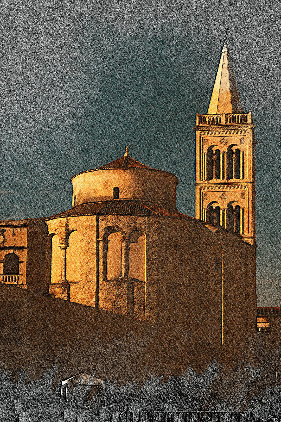Wadi Home artwork of a European church building with a bell tower, bathed in warm golden light against a deep blue sky.