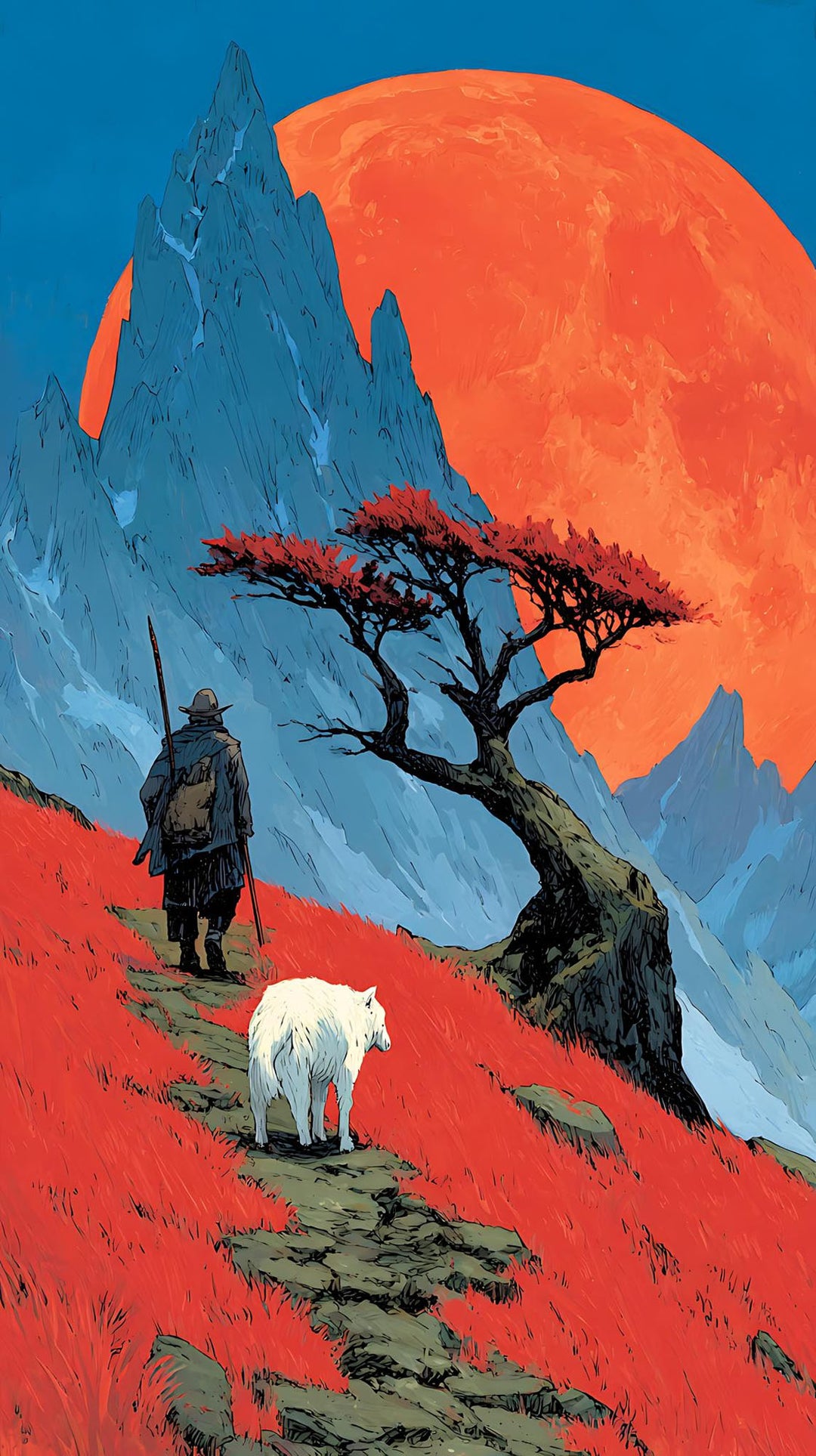 Wadi Home Crimson Landscape With Wolf And Wanderer wall art. A lone wanderer and white wolf walk on red grass towards jagged mountains under a large orange sun.