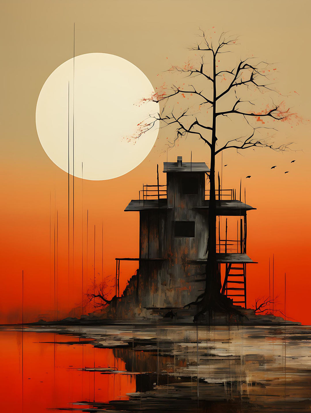 Wadi Home wall art: lone structure on island at sunset over water, minimalist landscape painting.