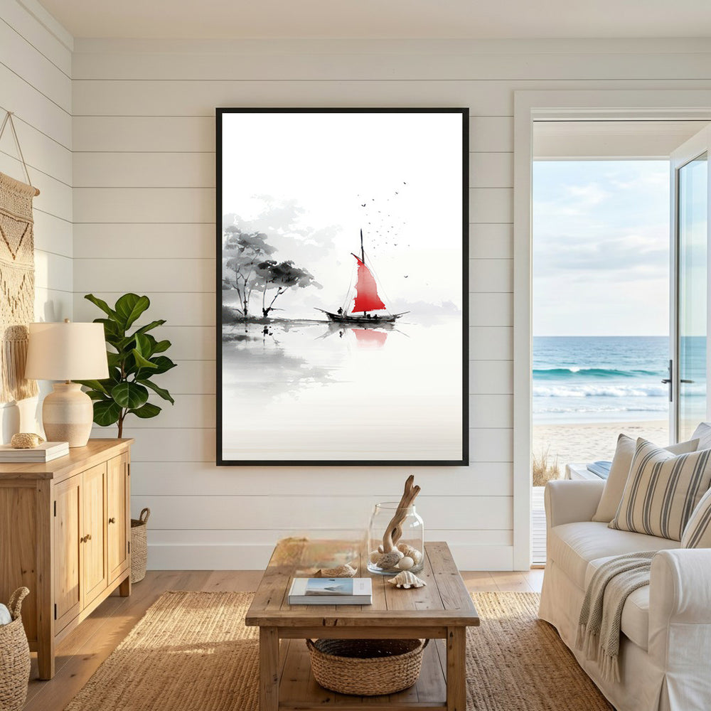 Wadi Home minimalist ink wash art of a sailboat with a red sail on calm water, grayscale trees and birds.