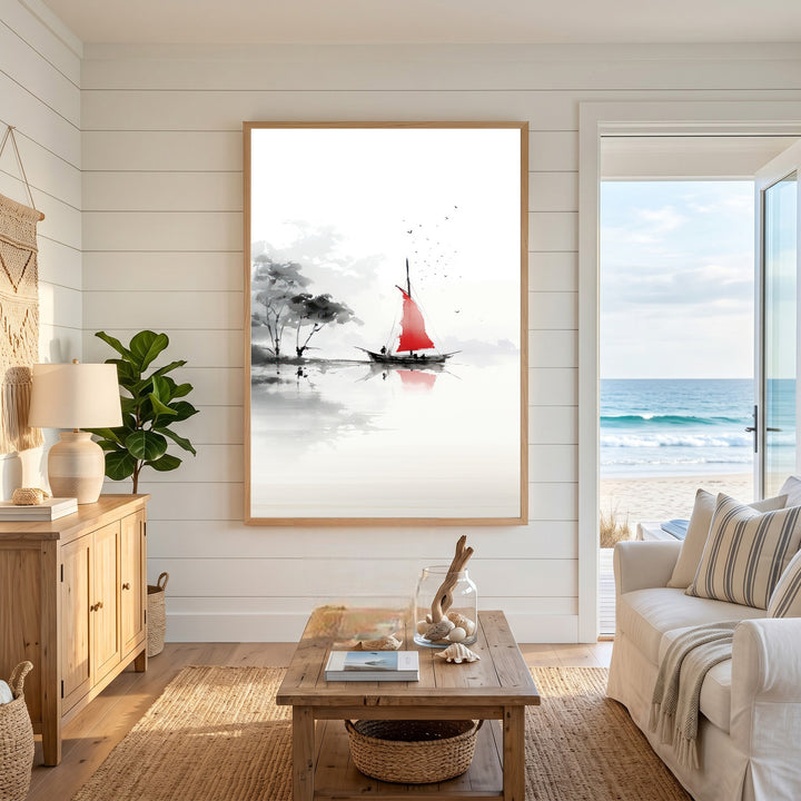 Wadi Home minimalist ink wash sailboat art with red sail on calm grayscale water.