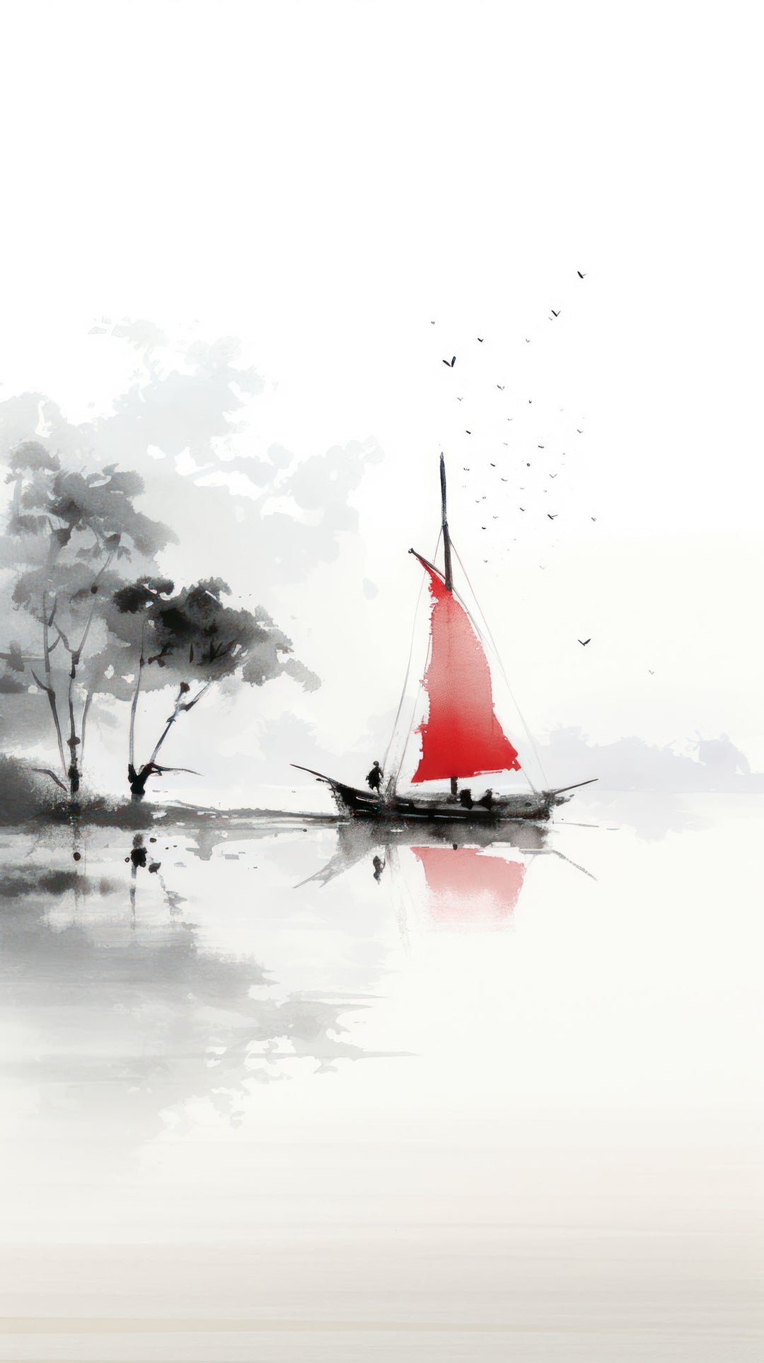 Wadi Home minimalist ink wash art of a sailboat with a red sail on calm water, grayscale tones, serene aesthetic.