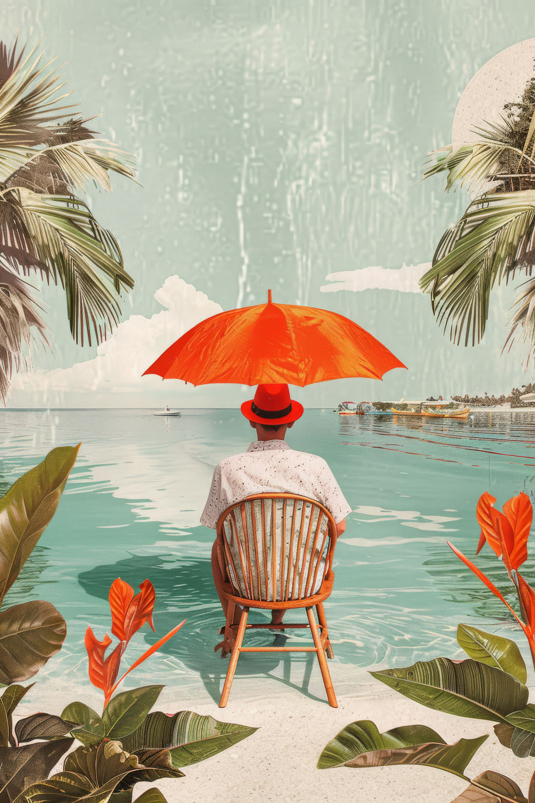 Wadi Home tropical beach scene wall art with orange umbrella, palm trees, and person sitting in chair.