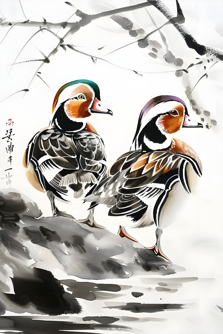 Wadi Home watercolor painting of two mandarin ducks on a rocky shore with subtle ink brushstrokes and blossoming branches.